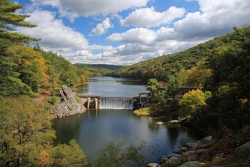 Scenic Dam on Aspetuck Reservoir: A Tranquil Lake in Fairfield County, Connecticut Surrounded by Nature and Mountains