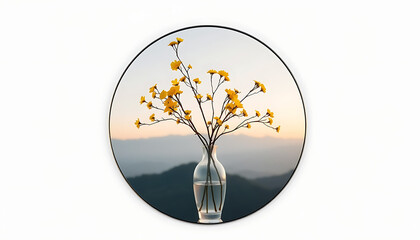 Delicate yellow flowers in a glass vase minimalist composition against a blurred mountain backdrop serene and calming aesthetic