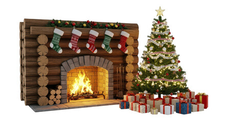 Fireplace christmas tree gift boxes stockings hearth warm light cozy holiday season isolated on transparent background