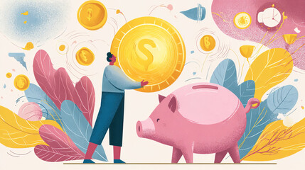 flat conceptual illustration person stands beside large piggy bank while reaching out towards floating coin. background features colorful leaves and additional coins, illustrating financial growth