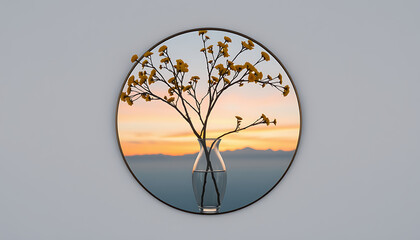 Floral arrangement in a glass vase against a sunset backdrop creating a serene and artistic composition ideal for home decor and wall art