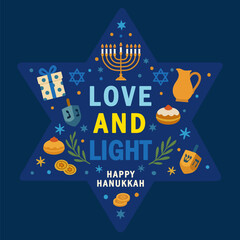 Happy Hanukkah, Love and Light greetings card with traditional Jewish symbols. Vector banner design for the Festival of Lights or Festival of Eight Candles