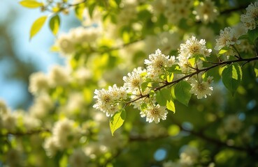 Obraz premium Close up photo of blooming linden tree branches. White flowers and green leaves with sunlight. Nature background. Summer season. Beauty in nature. Springtime floral scene.