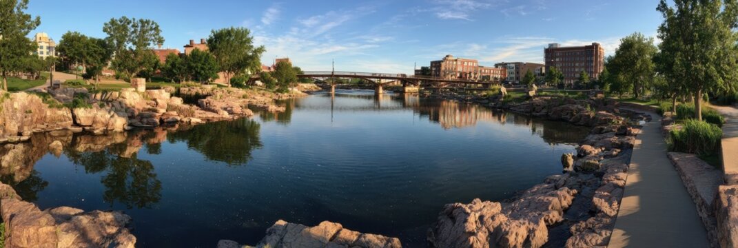 Scenic View of Big Sioux River Park: Downtown Sioux Falls' Reflections and Architectural Landscape