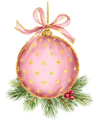 A pink ornament with a gold ribbon and stars