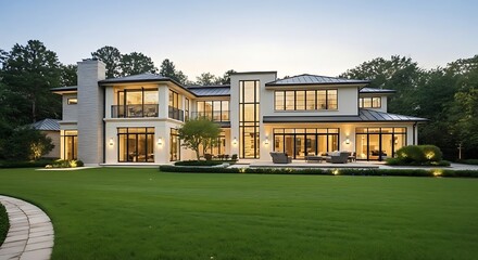 Fototapeta premium Luxurious modern mansion with large windows and lush green lawn