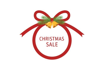 A festive Christmas sale circular frame decorated with a red ribbon and bells.