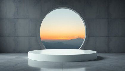 Minimalist white podium with a round window overlooking a mountain sunset product display presentation background