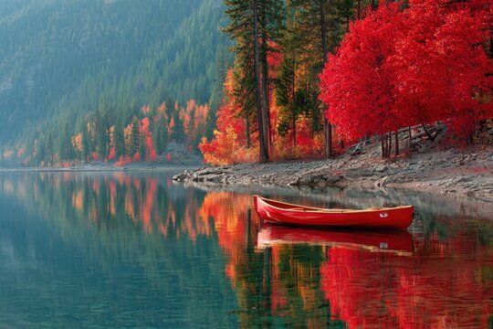 Scenic View of Red Canoe on Cooper Lake Surrounded by Autumn Colors in Cle Elum, Washington State