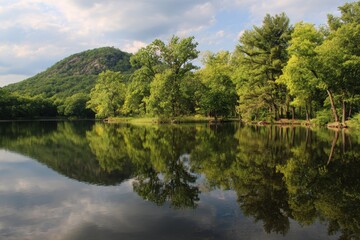 Obraz premium Serene Reflections: Lake Wintergreen in West Rock State Park, New Haven County, Connecticut