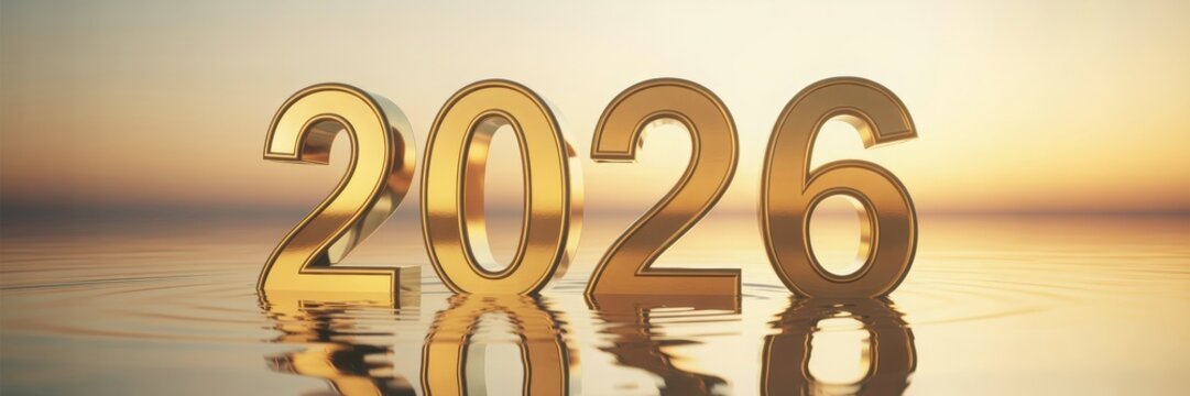 Golden 3d numbers of the year 2026 reflected in calm water at sunset with warm light