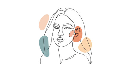 Minimalist line art illustration of a woman's face with abstract color blobs.