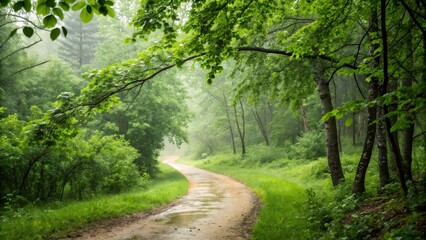 Winding dirt road or trail through a misty, dense green forest after a heavy rain.