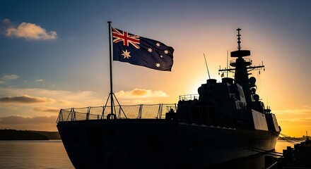 Australian naval vessel silhouetted against a vibrant sunset enhancing patriotic appeal showcasing