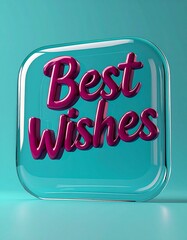 Best wishes magenta text in handwritten style on transparent rounded square glass button, isolated on contrasting bright aqua background, 3d render, new year, celebration, greeting card