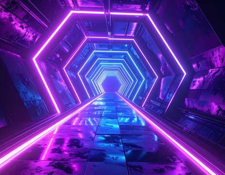 Futuristic hexagonal tunnel lit with neon purple and blue lights