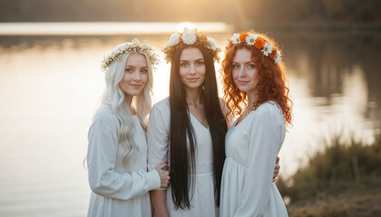 Three women in white dresses with flower crowns by the lake at sunset  