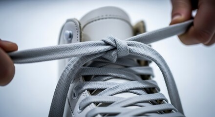 Close-up image depicting the action of tying the laces of a white figure skate