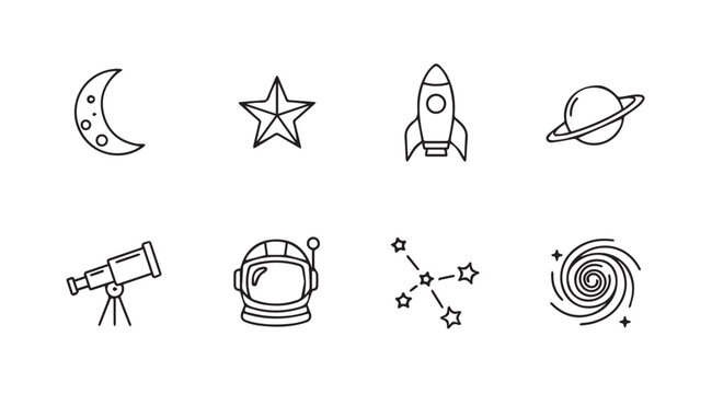 Doodle space icons set astronaut rocket stars moon telescope constellation galaxy vector