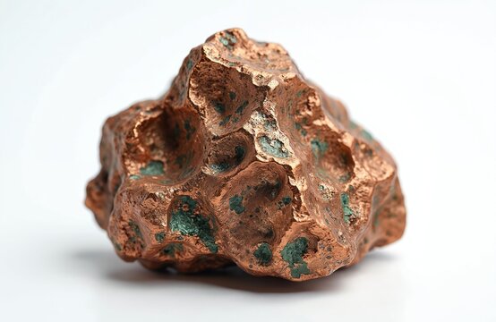 Raw copper nugget with green patina sits on clean white surface. Natural metallic mineral shows rough texture and irregular shape. Essential element for industry.