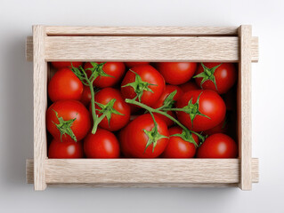A fresh tomato vine on a beech wood crate in top view is a healthy natural produce product