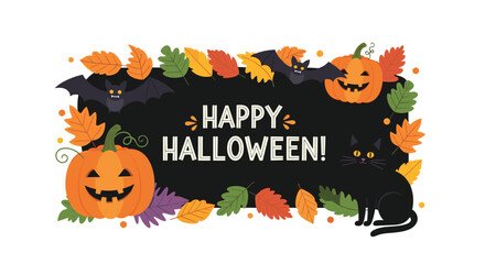 Happy Halloween illustration with pumpkins, bats, black cat, and autumn leaves framing a text message against a dark background.