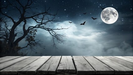 Spooky Halloween night background with a wooden deck, full moon, flying bats, and bare tree silhouette.