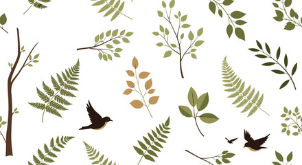 Seamless pattern of various plant leaves, branches, ferns, and birds scattered on white background creates a natural and organic design.