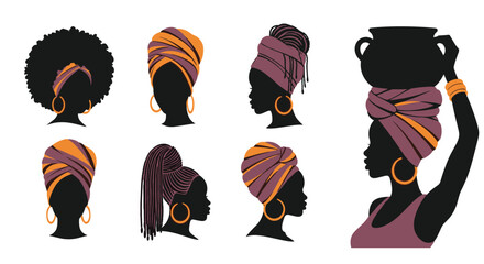 Collection of silhouettes of Black women with headwraps and vibrant hairstyles.
