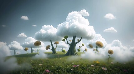 fantasy landscape with giant cloud trees and mushroom shaped plants floating in dreamy misty sky environment