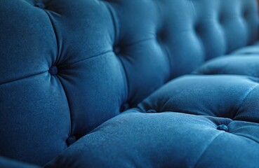 Fototapeta premium Deep blue tufted velvet sofa surface with soft texture. Detailed button tufting creates quilted pattern. Luxurious furniture closeup shows rich fabric detail. Cozy seating comfort and elegant design.