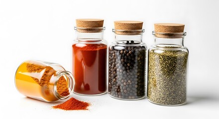 Three glass spice jars with cork stoppers and spilled spices