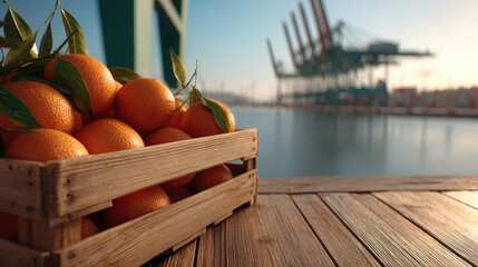 Fresh oranges in wooden crate on dock with industrial port cranes in background, morning sunlight, vibrant and natural atmosphere
