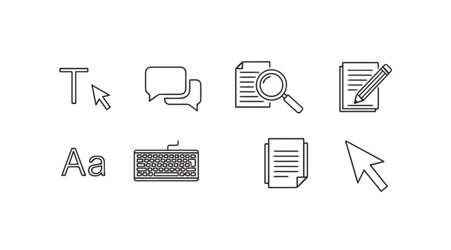 Set of eight hand drawn icons representing writing editing and document management tasks vector