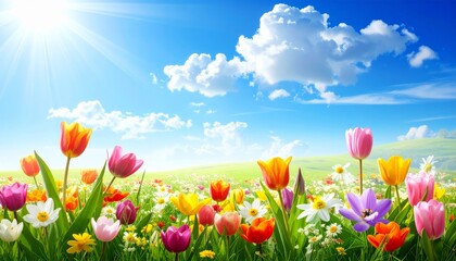 Fototapeta premium Beautiful fields of tulips and colorful flowers under the spring sky