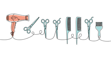 Obraz premium Minimalist continuous line art illustration of essential hairdressing and barber tools with soft color accents.