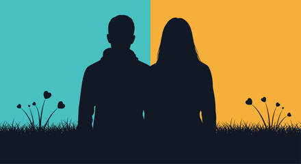 Romantic silhouette of a couple in front of a blue and orange background, with heart-shaped flowers and grass in the foreground.