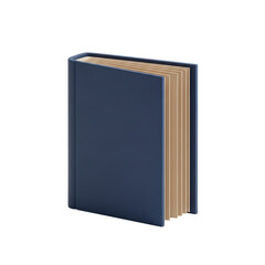 Closed dark blue 3d book with aged yellow pages isolated on transparent background