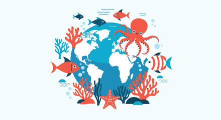 Cartoon earth with octopus, fish, coral, and starfish to represent marine life.