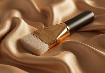 Makeup brush on luxurious golden fabric for beauty and cosmetic themes