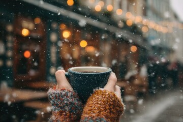 person holding coffee cup outside caf&eacute; with snowflakes falling, warm scarf and nostalgic vibe
