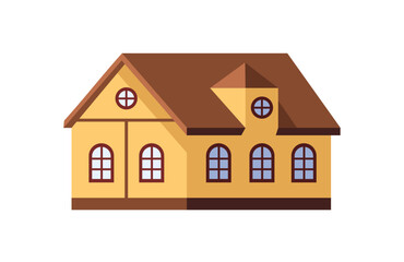 Exterior of suburban house, village cottage. Facade of rural lodge, countryside cabin. Brick municipal building of church. Suburb architecture. Flat isolated vector illustration on white background