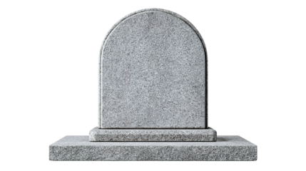 The image shows a gray granite tombstone or gravestone. It has a smooth, polished surface with a rounded top and stands on a rectangular base. The stone is simple and unengraved, often used as a heads