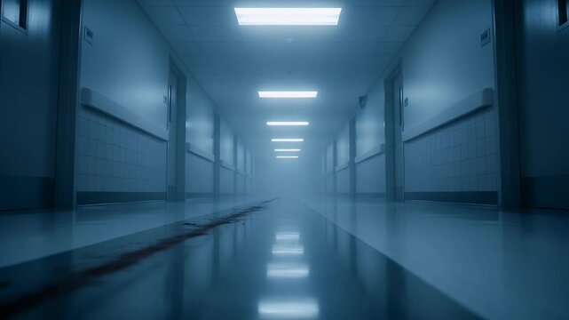 Long hallway perspective featuring overhead lighting and reflective floor surfaces with multiple closed doors