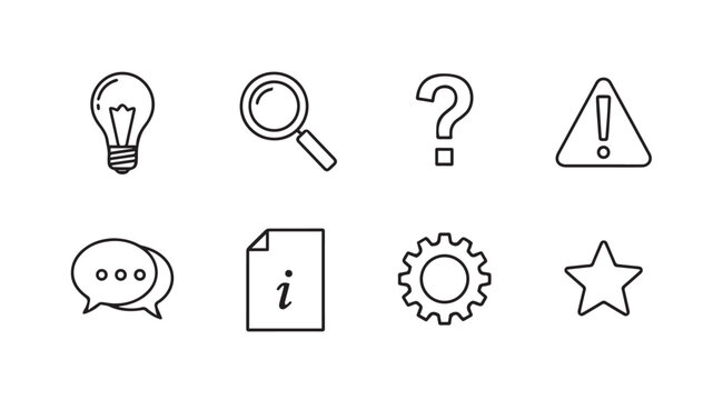 Hand drawn doodle icons collection featuring lightbulb magnifying glass question mark and more for creative projects vector