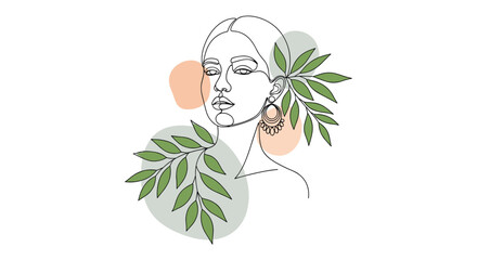 Elegant Line Art Portrait with Botanical Accents and Decorative Background Elements, Suitable for Wall Decor and Artistic Designs.