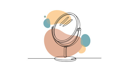 Minimalist line art drawing of a round standing mirror with abstract organic color blobs in warm and cool tones on a white background, suitable for modern design.