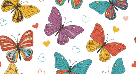 Vibrant butterflies and delicate hearts scattered on a seamless white background, creating a cheerful and whimsical pattern.
