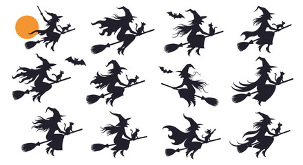 A series of silhouettes depict witches riding broomsticks, some with black cats and bats, set against a white background for Halloween themes.