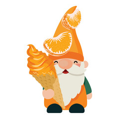 Pixel Art Gnome Holding Orange Ice Cream Cone Wearing Orange Hat Adorned with Clementine Slices...